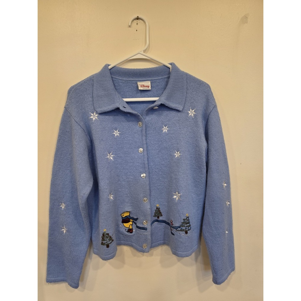 VTG Disney Store Winnie the Pooh Blue Knit Christmas Sweater Size Medium
